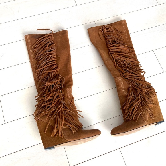 ALDO Fringe Wedge Boots - Cognac Brown Faux Suede - Size 36 - Picture 3 of 14